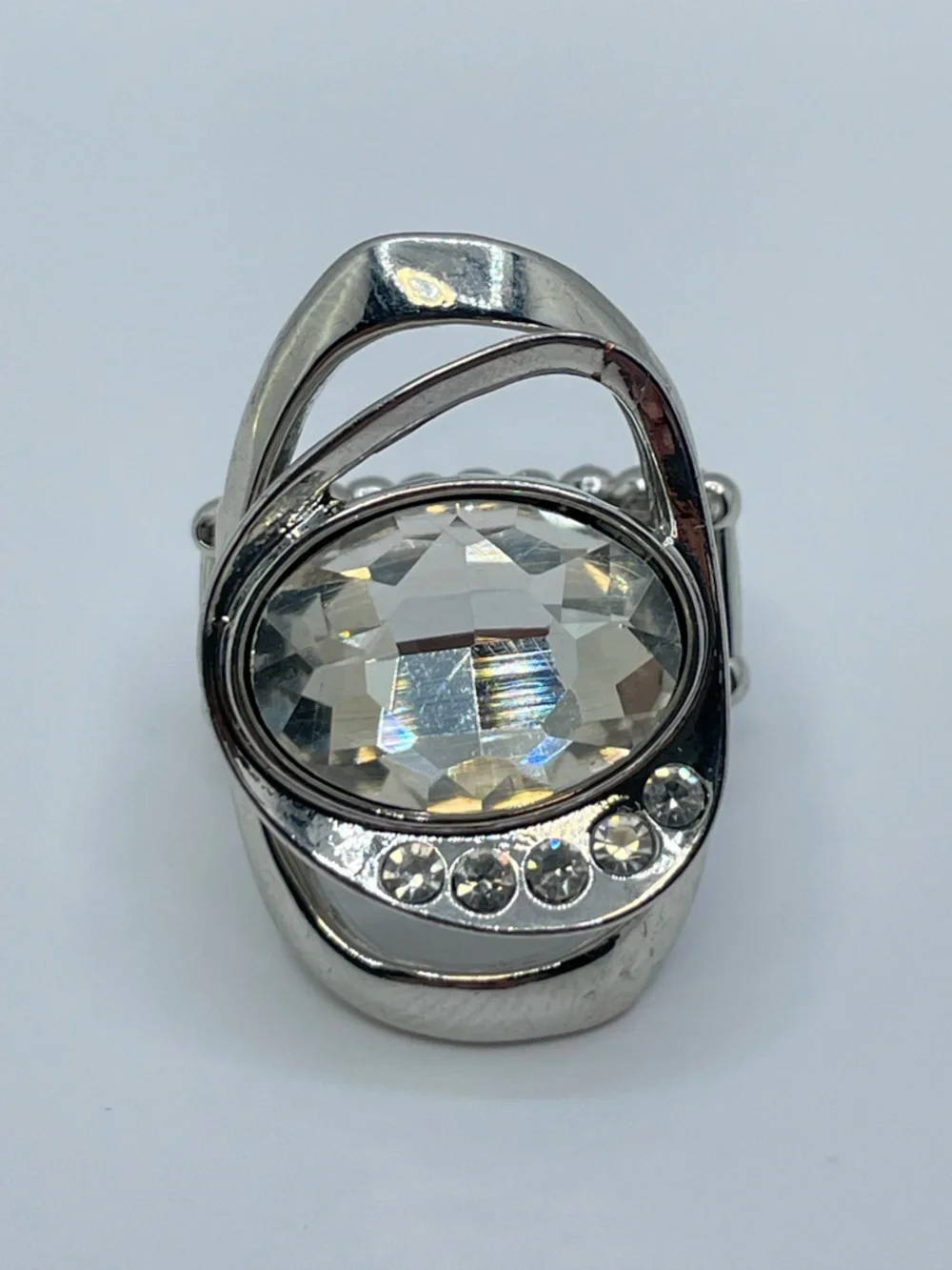 Silver Tone Crystal Glass Stretch Ring Large Oval Statement Adjustable